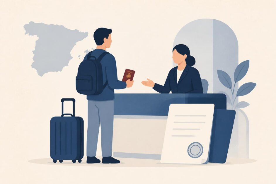 Persona con maleta y pasaporte entrega certificados en un mostrador de atención pública.