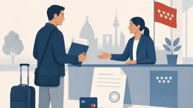 Persona con documentos y una maleta frente al mostrador de una oficina de empleo en Madrid.