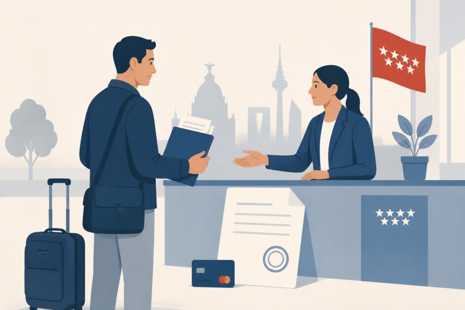 Persona con documentos y una maleta frente al mostrador de una oficina de empleo en Madrid.