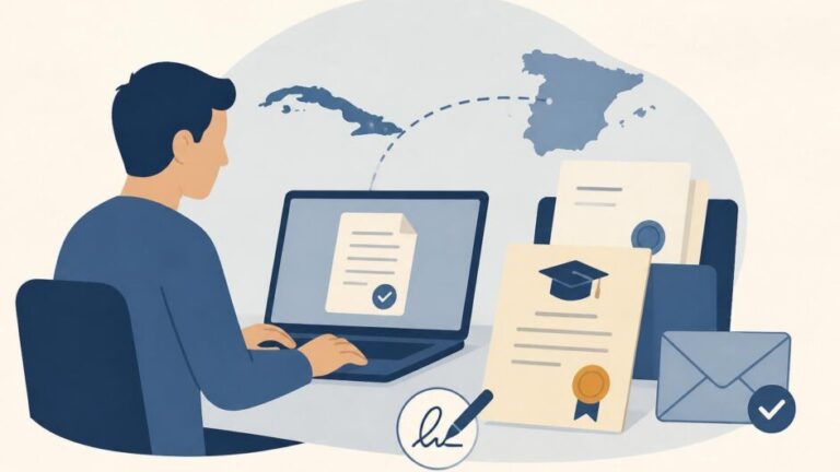 Persona presenta en línea documentos universitarios para reconocer su título en España.