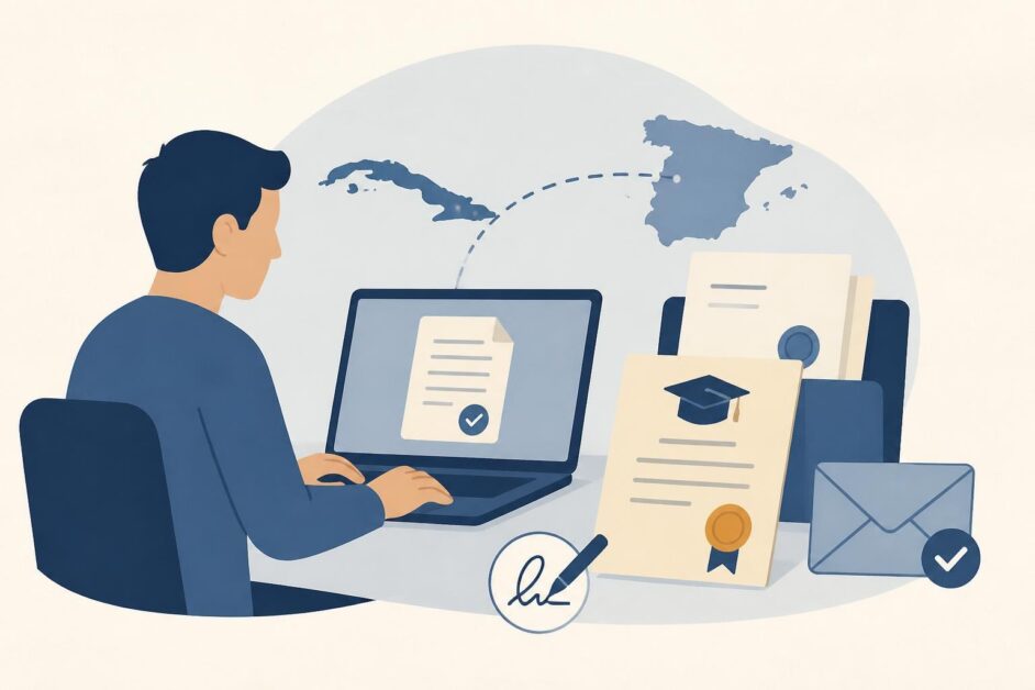 Persona presenta en línea documentos universitarios para reconocer su título en España.
