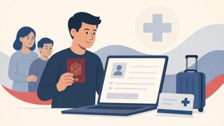 Persona con pasaporte y maleta completa una solicitud sanitaria en un ordenador, acompañada por familiares.
