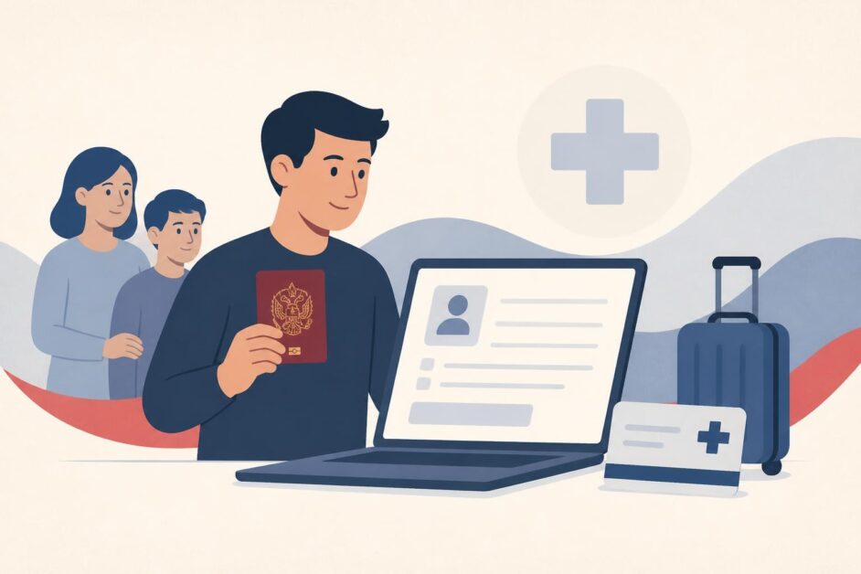Persona con pasaporte y maleta completa una solicitud sanitaria en un ordenador, acompañada por familiares.