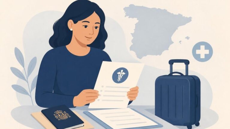 Persona con pasaporte, póliza médica y maleta preparando un viaje a España.
