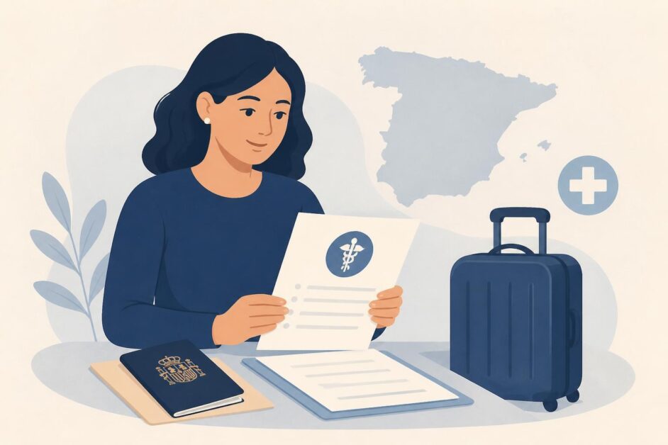 Persona con pasaporte, póliza médica y maleta preparando un viaje a España.