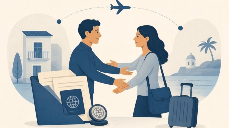 Dos familiares con documentos y una maleta, unidos por un trayecto aéreo entre Cuba y España.