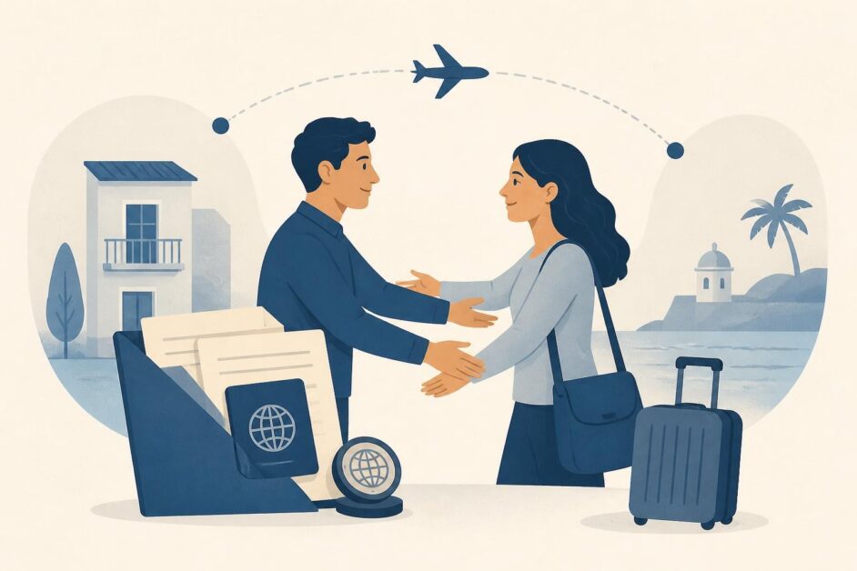 Dos familiares con documentos y una maleta, unidos por un trayecto aéreo entre Cuba y España.