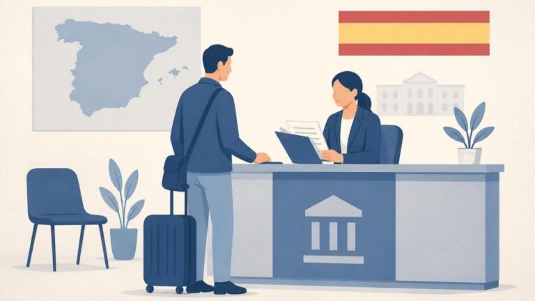 Persona con maleta y documentos en una oficina pública española.