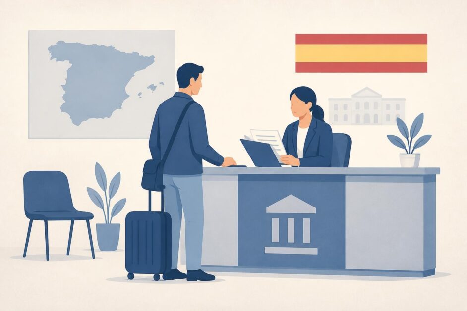 Persona con maleta y documentos en una oficina pública española.