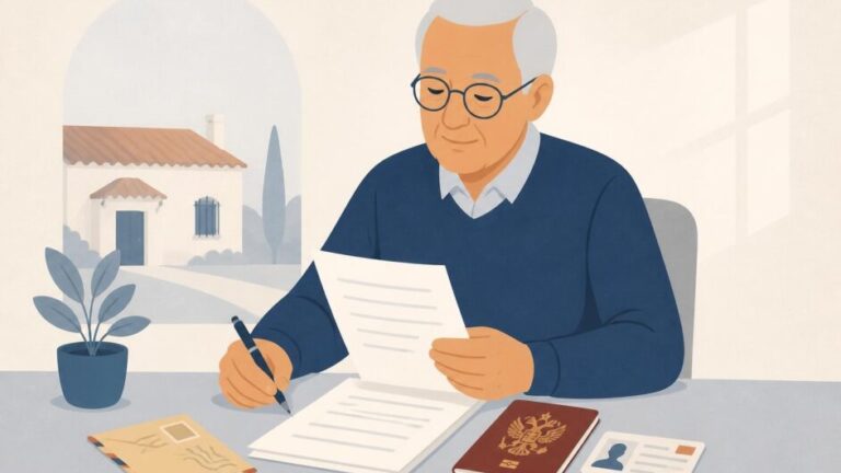 Persona mayor con documentos, pasaporte español y tarjeta de identificación sobre una mesa.