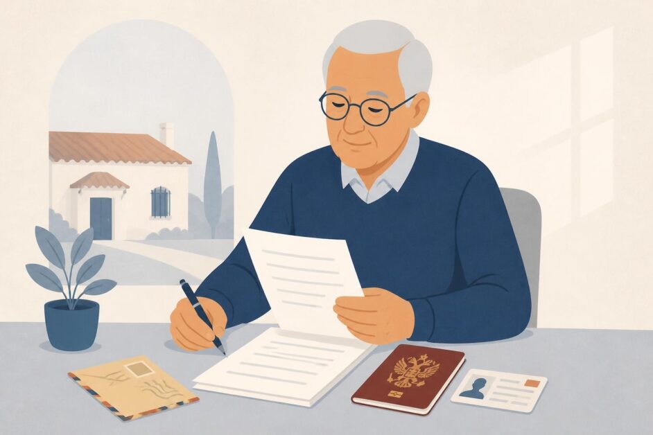 Persona mayor con documentos, pasaporte español y tarjeta de identificación sobre una mesa.