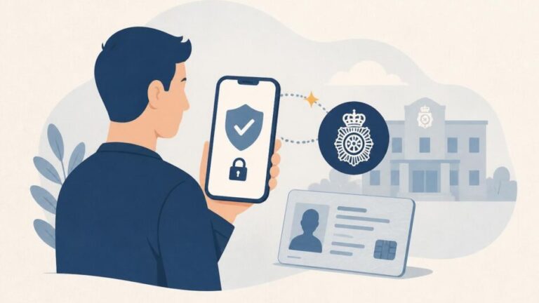 Persona activa su DNI digital en un teléfono junto a su documento físico.