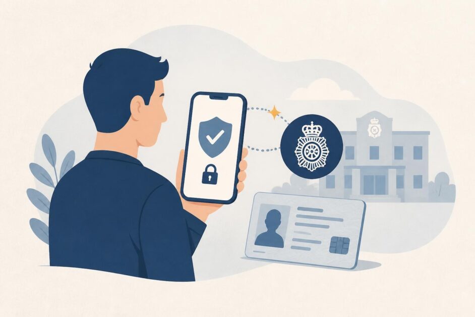 Persona activa su DNI digital en un teléfono junto a su documento físico.