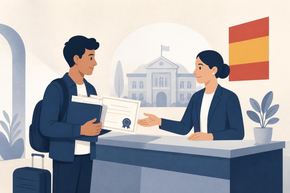 Estudiante presenta certificados académicos en una oficina educativa española para continuar sus estudios.