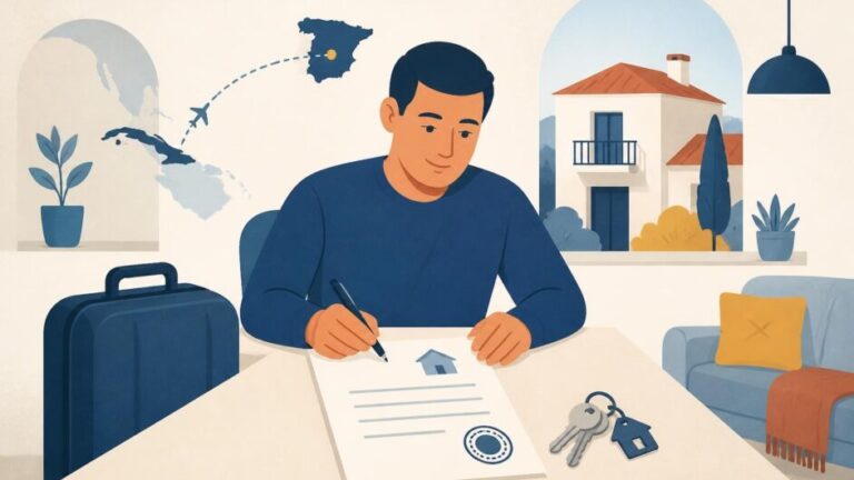Anfitrión preparando documentos de alojamiento, con llaves, una casa y una maleta.