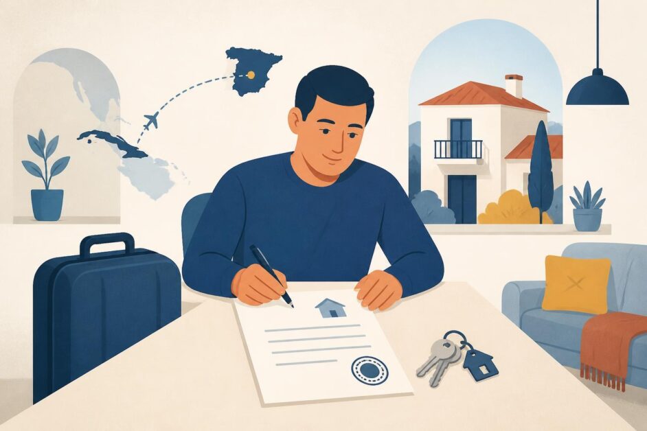 Anfitrión preparando documentos de alojamiento, con llaves, una casa y una maleta.