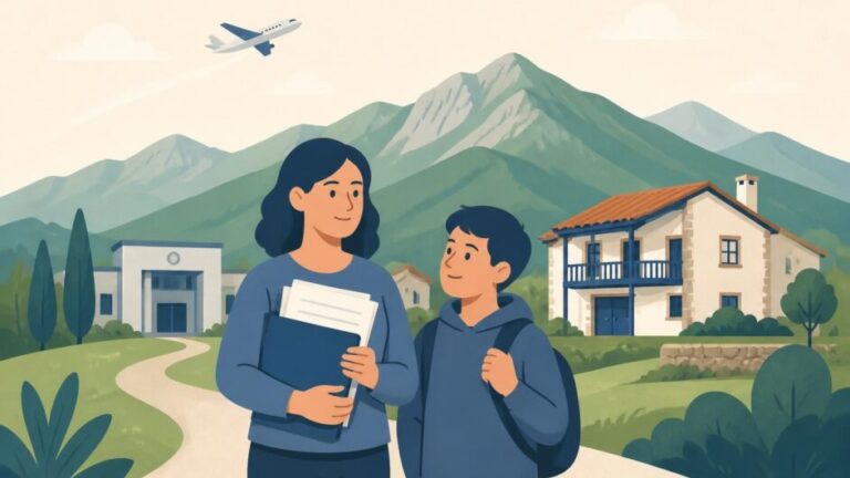 Persona retornada con documentos junto a su familia ante una casa y montañas de Asturias.