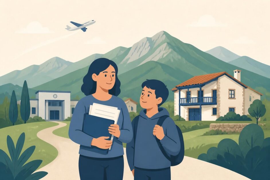 Persona retornada con documentos junto a su familia ante una casa y montañas de Asturias.