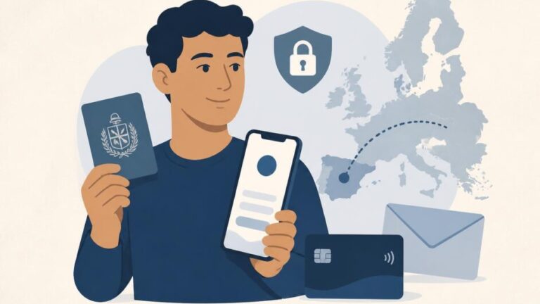 Persona con pasaporte usa un teléfono para solicitar una cuenta digital y recibe una tarjeta de débito en un contexto europeo.