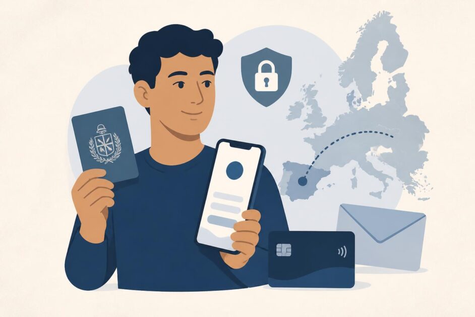 Persona con pasaporte usa un teléfono para solicitar una cuenta digital y recibe una tarjeta de débito en un contexto europeo.