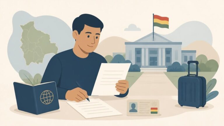 Persona prepara una carta de invitación con un pasaporte y un documento de identidad ante una oficina de migración boliviana.