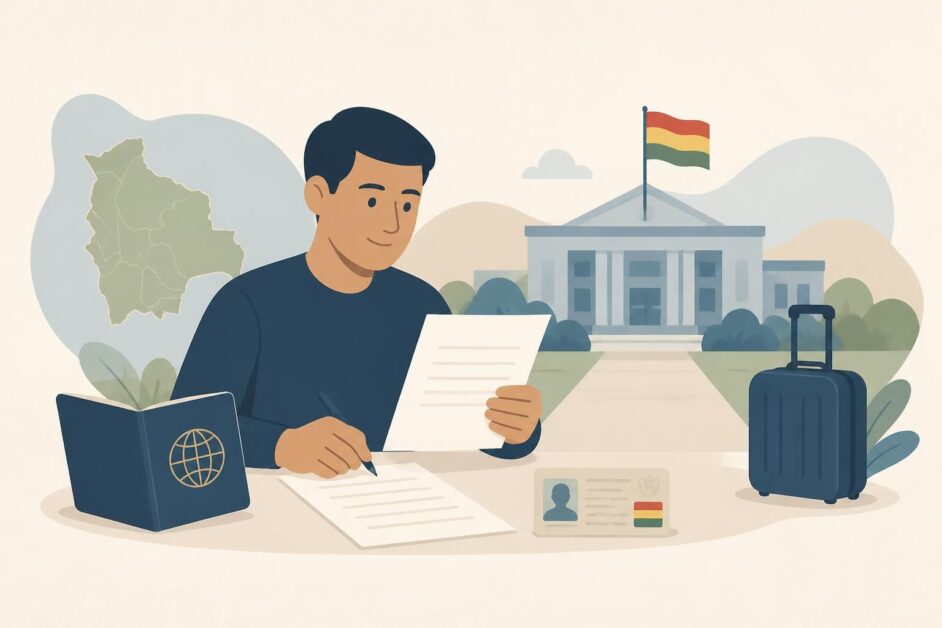 Persona prepara una carta de invitación con un pasaporte y un documento de identidad ante una oficina de migración boliviana.