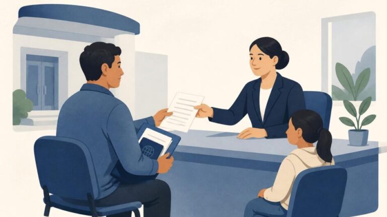 Persona migrante y funcionaria realizan una solicitud de protección en una oficina pública.