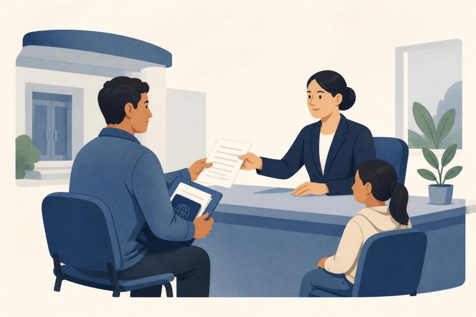 Persona migrante y funcionaria realizan una solicitud de protección en una oficina pública.