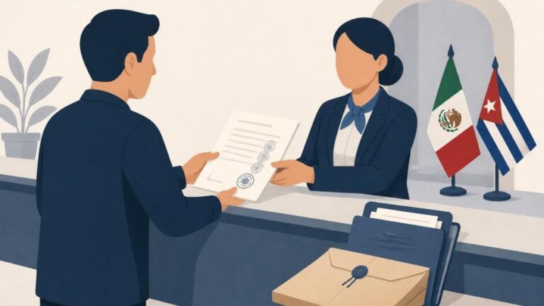 Persona entrega un documento sellado en un mostrador consular con referencias visuales a México y Cuba.