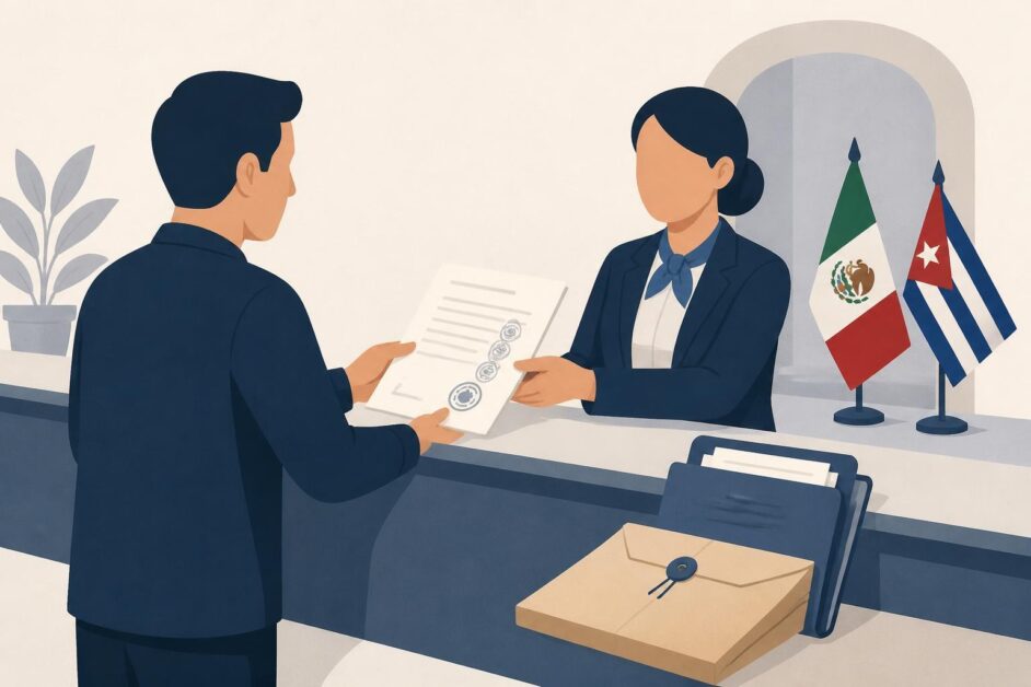 Persona entrega un documento sellado en un mostrador consular con referencias visuales a México y Cuba.