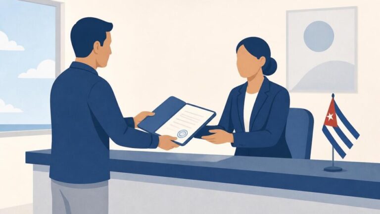 Persona entrega una carpeta en una oficina consular cubana mientras una funcionaria revisa documentos.