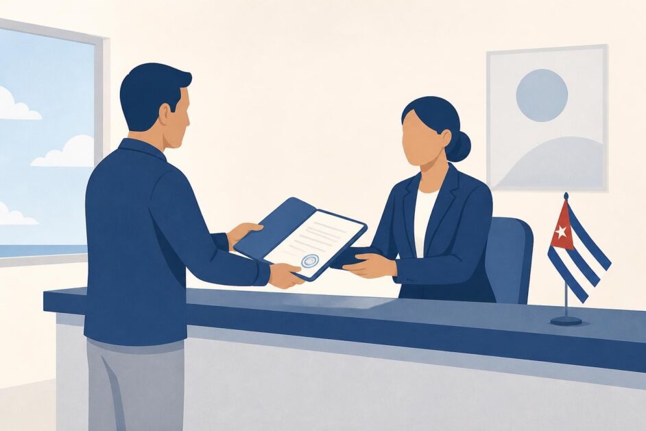 Persona entrega una carpeta en una oficina consular cubana mientras una funcionaria revisa documentos.